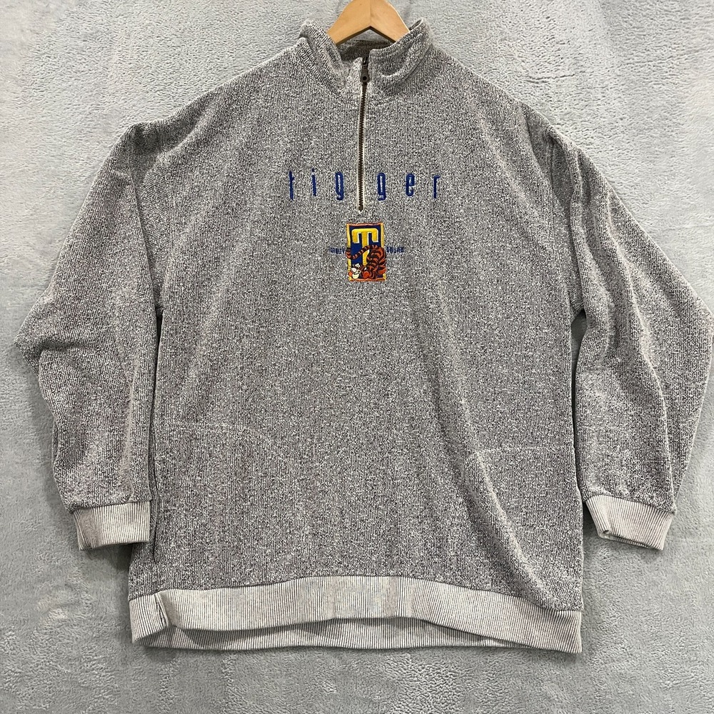 Disney Store Sweatshirt Mens XL Tigger 1/4 zip Fleece Ovesized Gray VTG Y2K 90s